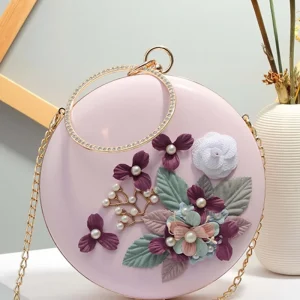 Pochette Ronde de Soirée avec Fleurs et Perles