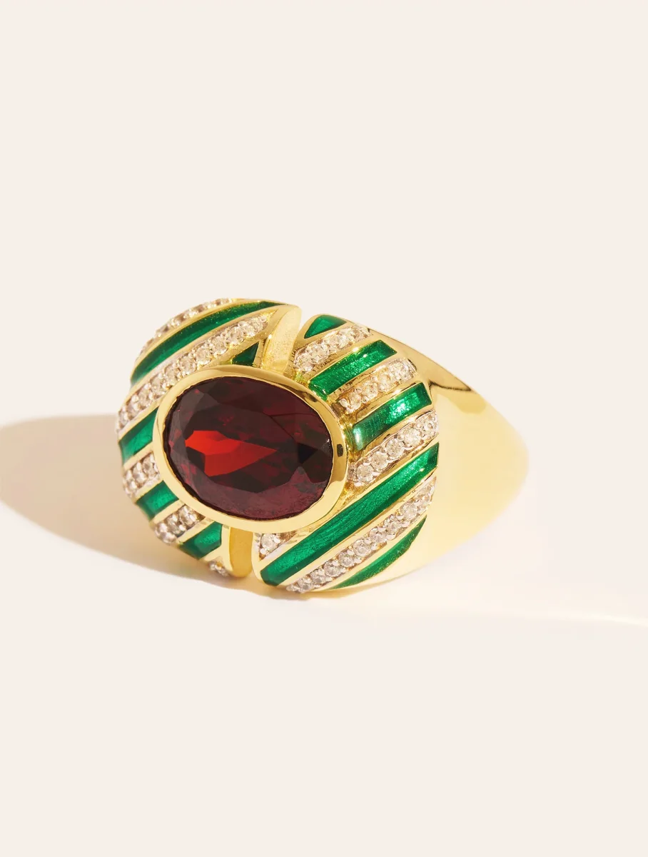 Bague Zèbre - Quartz coloré grenat & émail vert