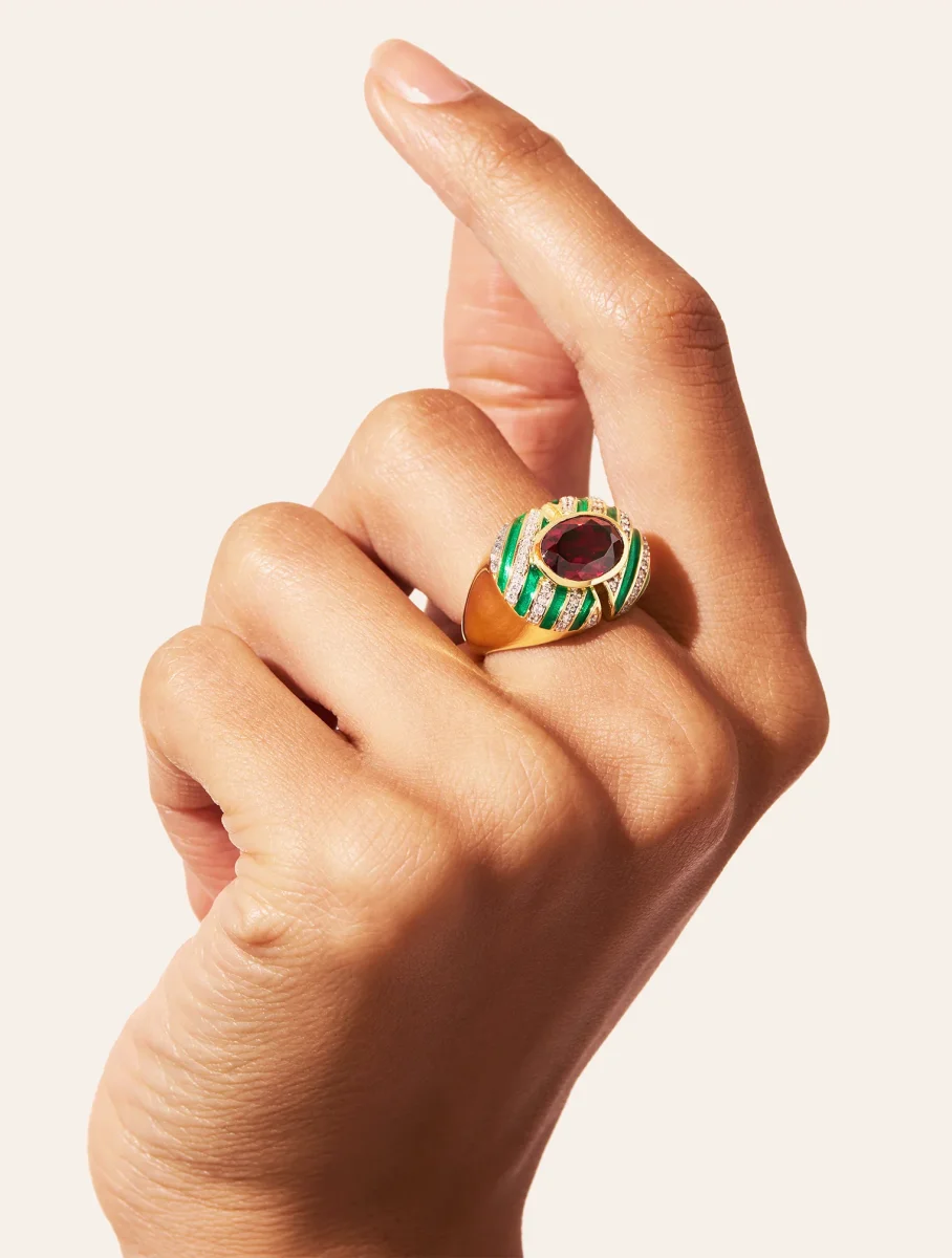 Bague Zèbre - Quartz coloré grenat & émail vert – Image 4