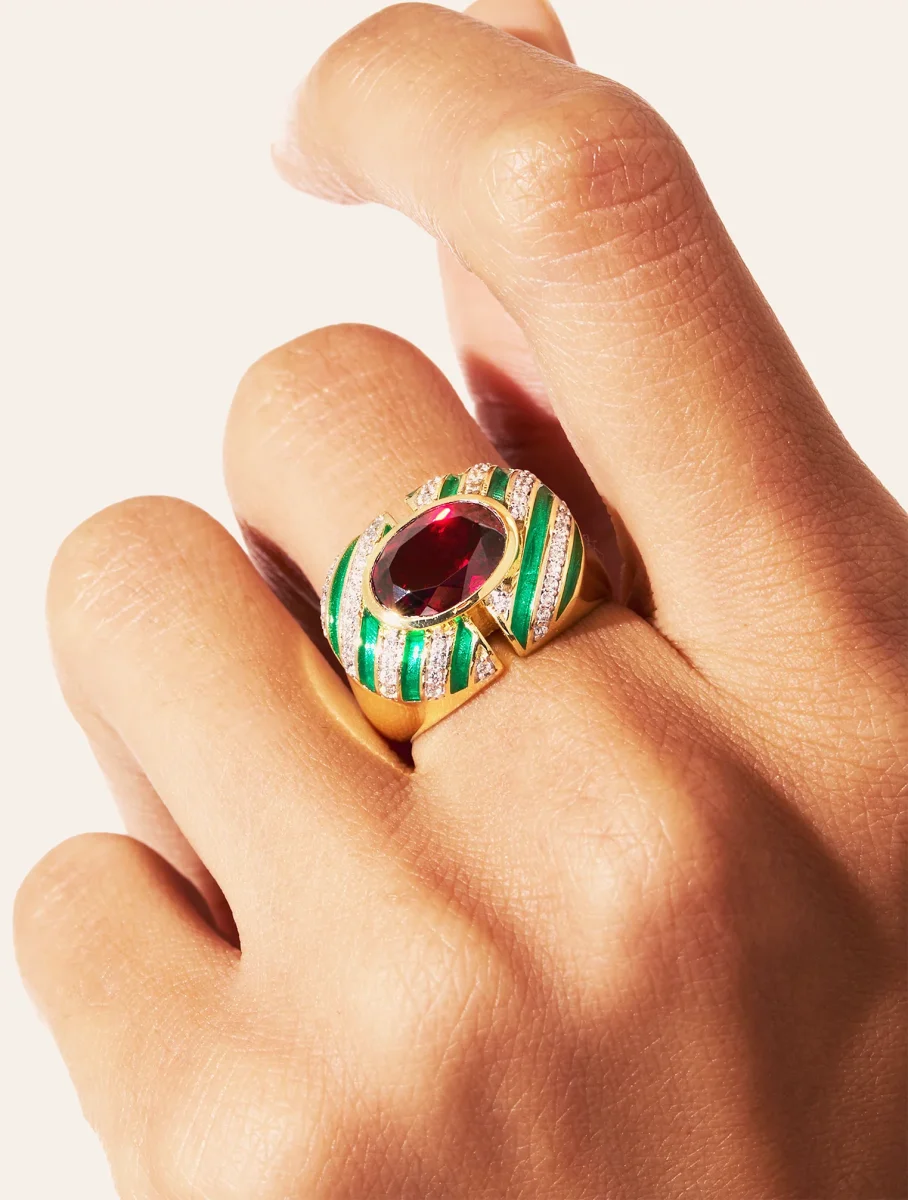 Bague Zèbre - Quartz coloré grenat & émail vert – Image 3