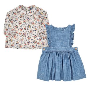 Ensemble bébé fille blouse et robe - Écru/bleu